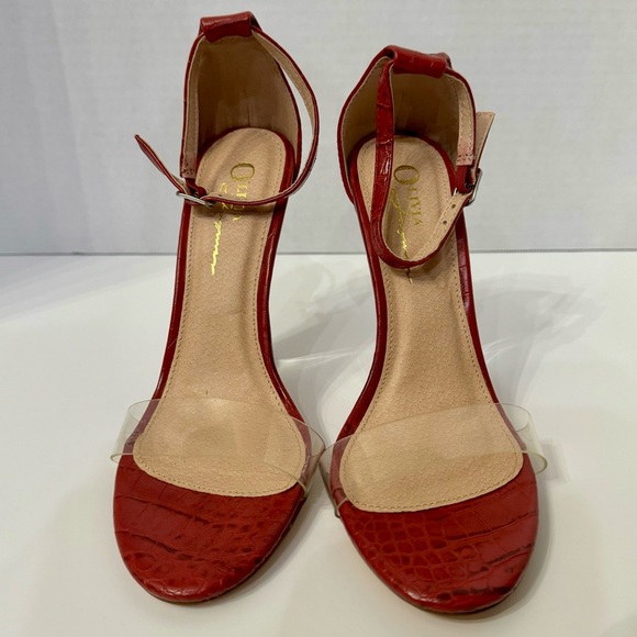 NWOT/NWOB Olivia Ferragamo Red Snakeskin Ankle Strap Sandal Wedges w/Clear Base - Picture 2 of 10
